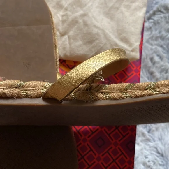 Tory Burch Two Band Flat Espadrille Slide Metallic Gold with Dustbag 9.5 - Picture 8 of 13